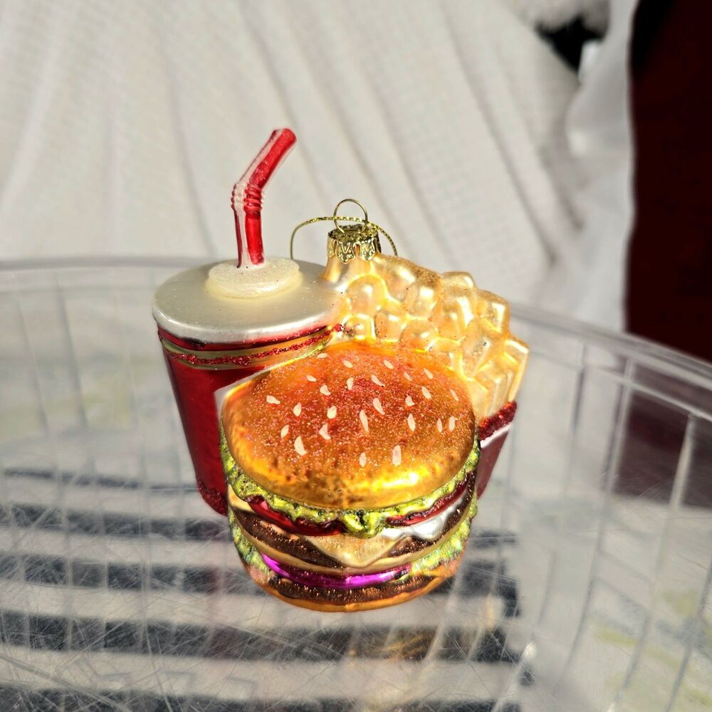 Hamburger Fries & Drink Combo Meal Christmas Ornament Blown Glass NEW